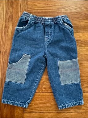Vintage Kids Blue Denim Pull-On Pants with Striped Patch Pockets